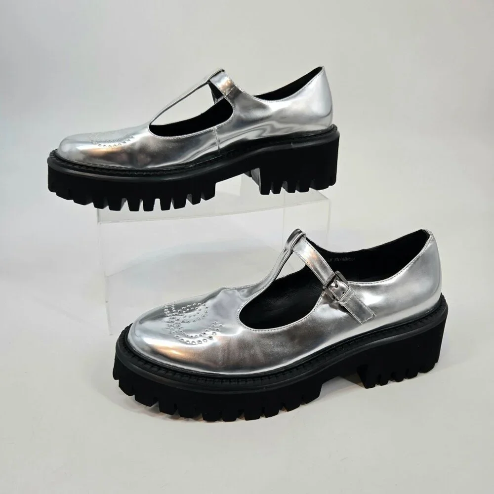 Anthro Bibi Lou Cathy Silver Chunky T-Strap Mary Janes Women's Size US 9 EU 39